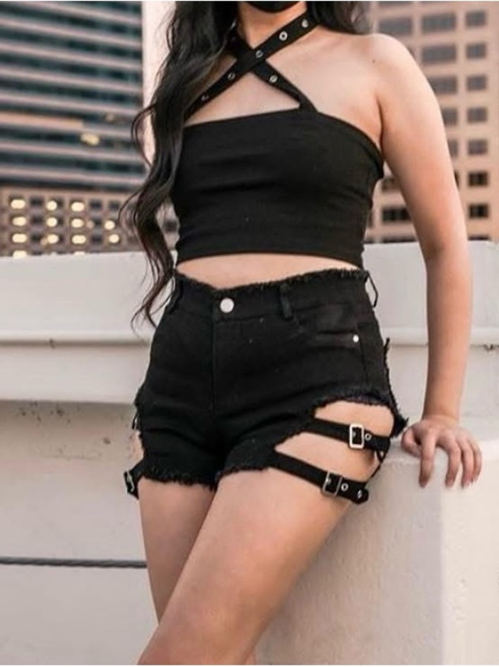 Black High-Waist Distressed Jean Shorts with Buckle Strap Details